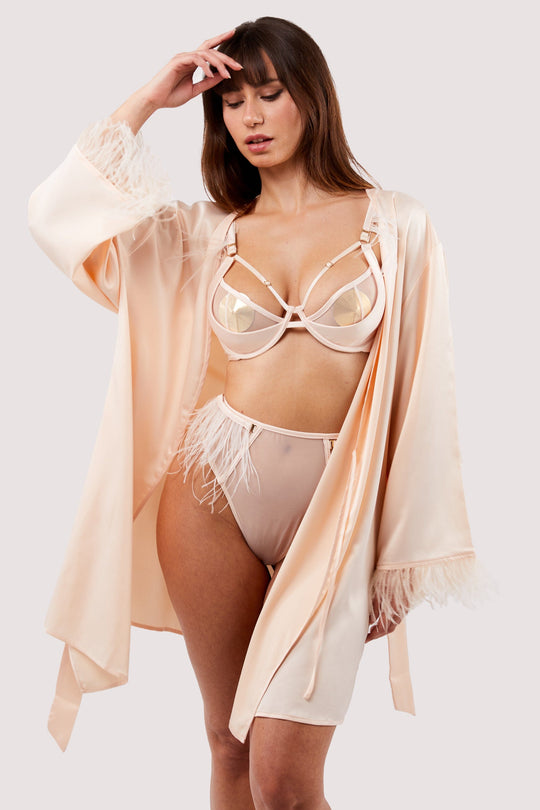 Cassiopeia Blush Pink Satin And Feather Kimono