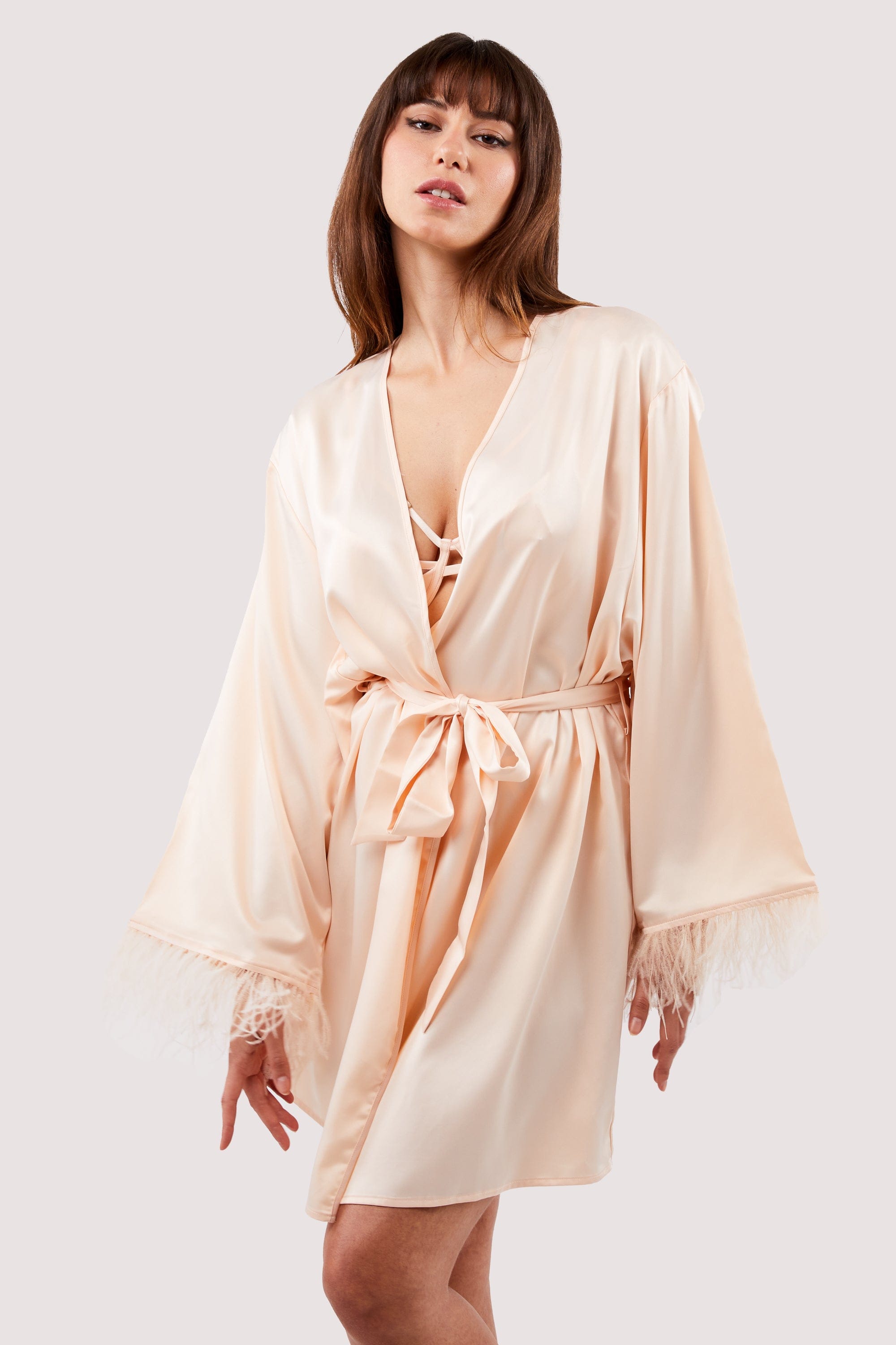 Cassiopeia Blush Pink Satin And Feather Kimono