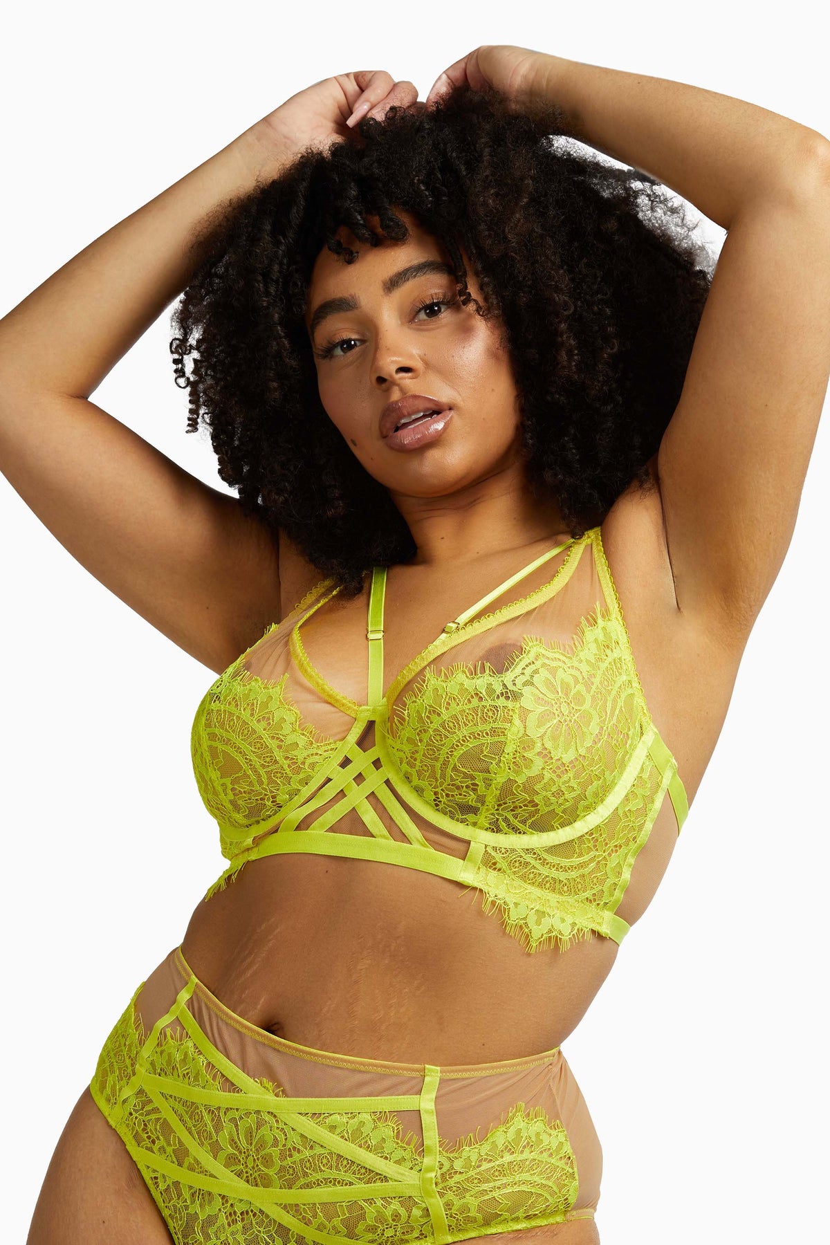 Neon Lace Bra Set With Gloves In GREEN YELLOW