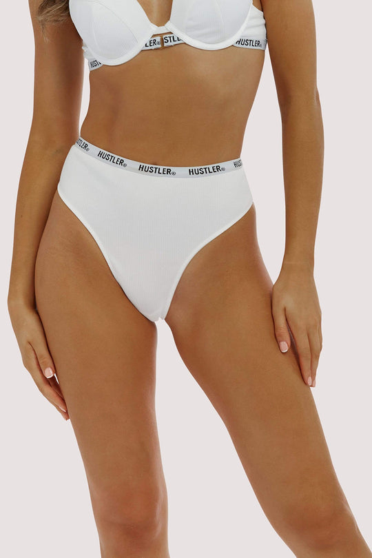 Branded Ribbed Ivory High Waist Thong