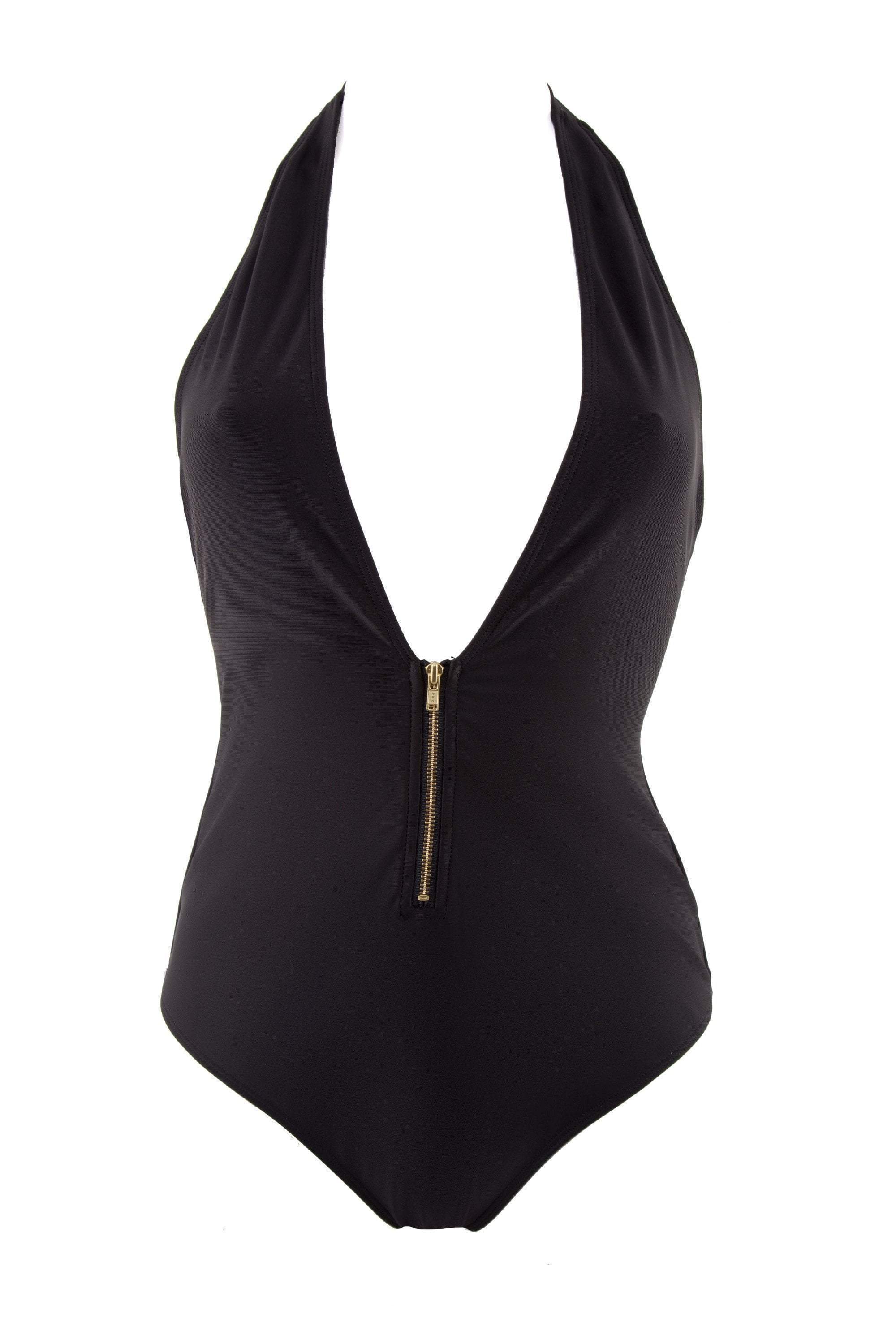 Peek & Beau Black Zip Front Plunge Swimsuit