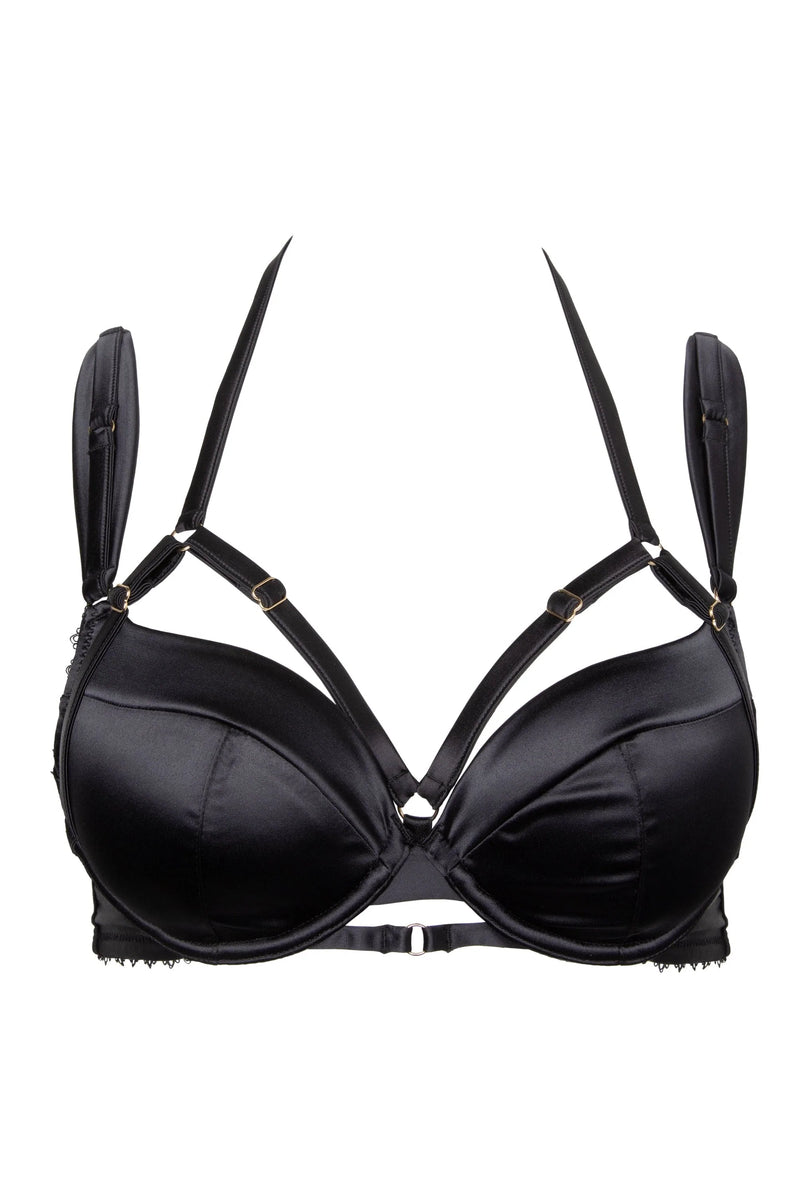 Noelle Black Satin Strappy Plunge Bra – Playful Promises