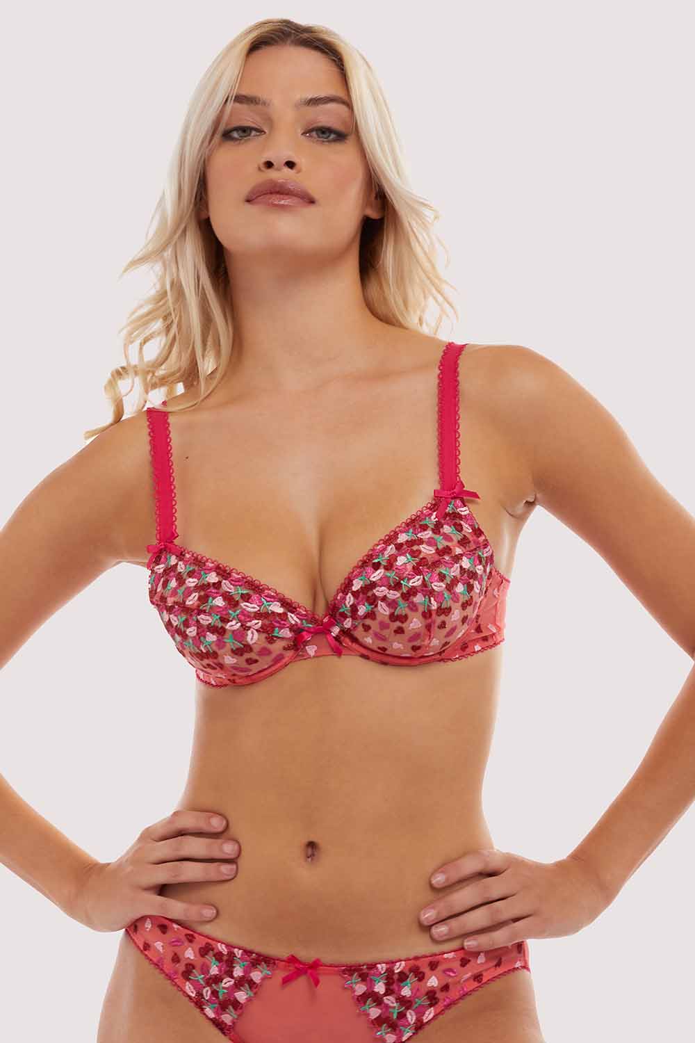 Cherry Embroidery Coral Plunge Bra – Playful Promises