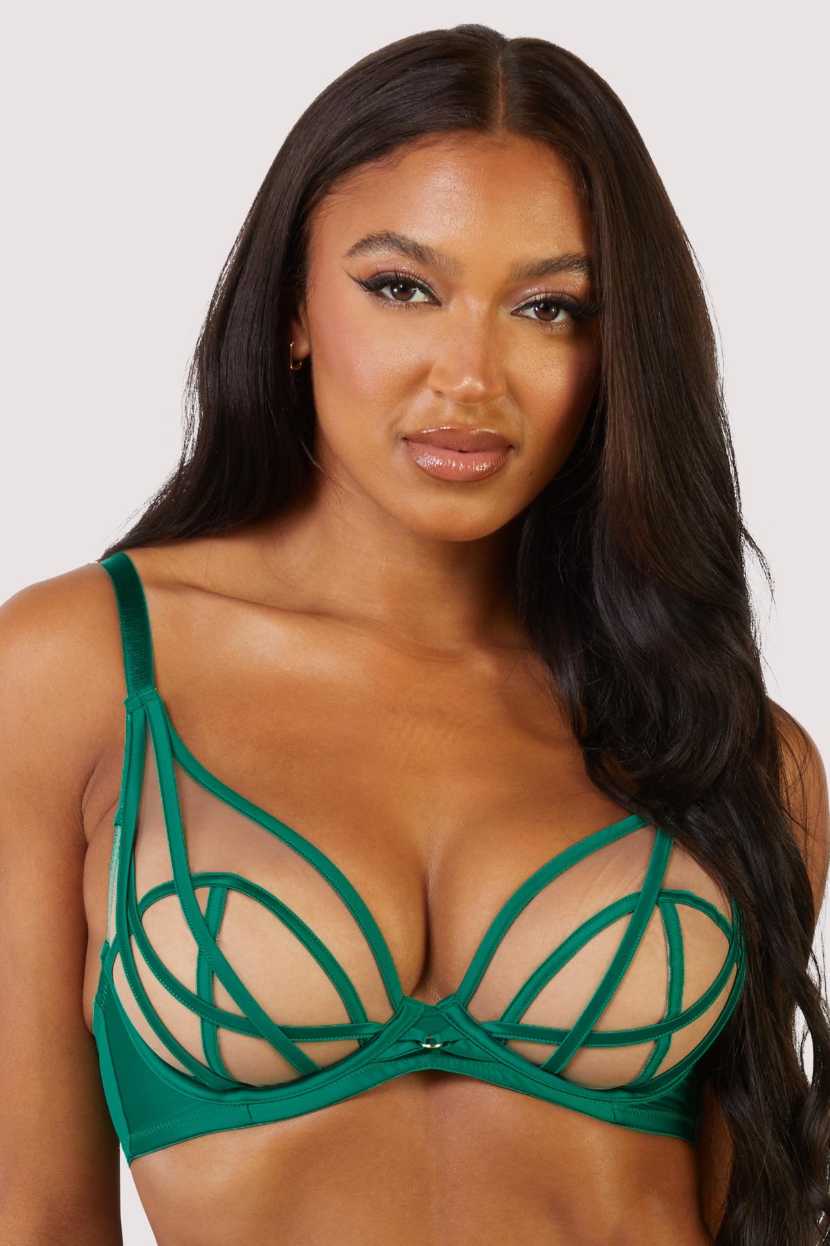 model wears green mesh plunge bra