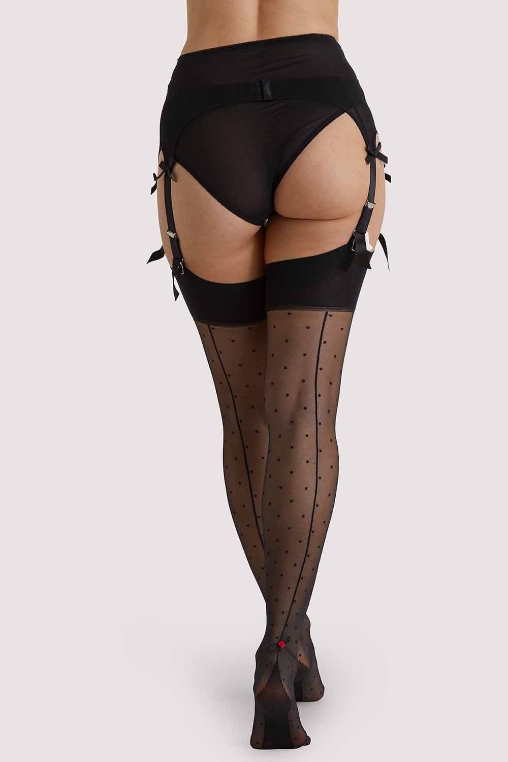Dotty Seamed Stockings With Bow Black