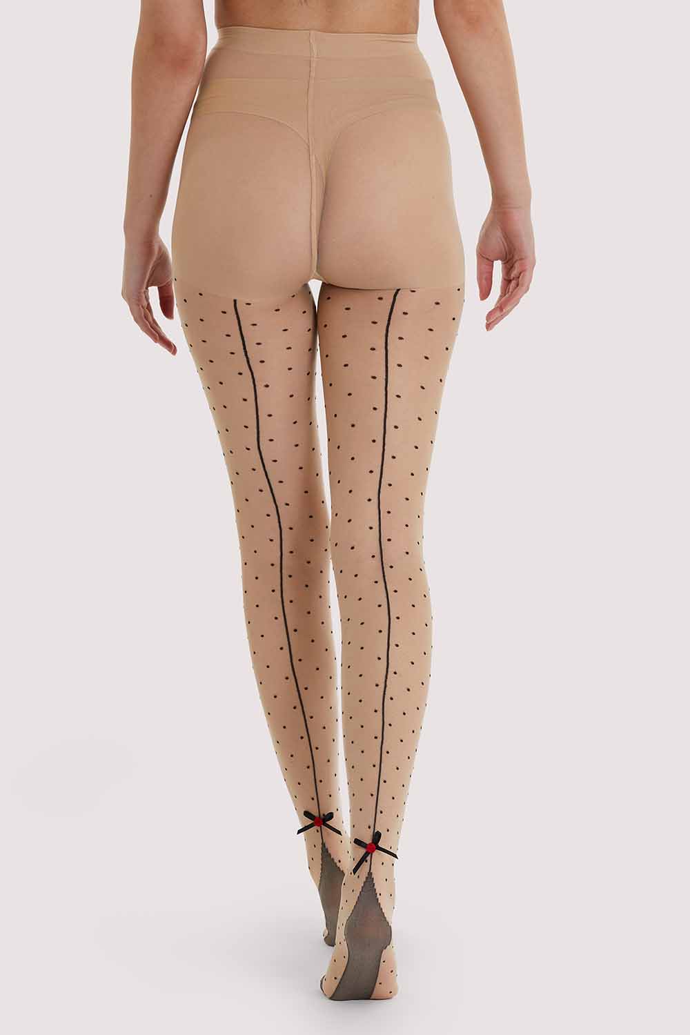 Dotty Seamed Tights With Bow Light Beige/Black – Playful Promises