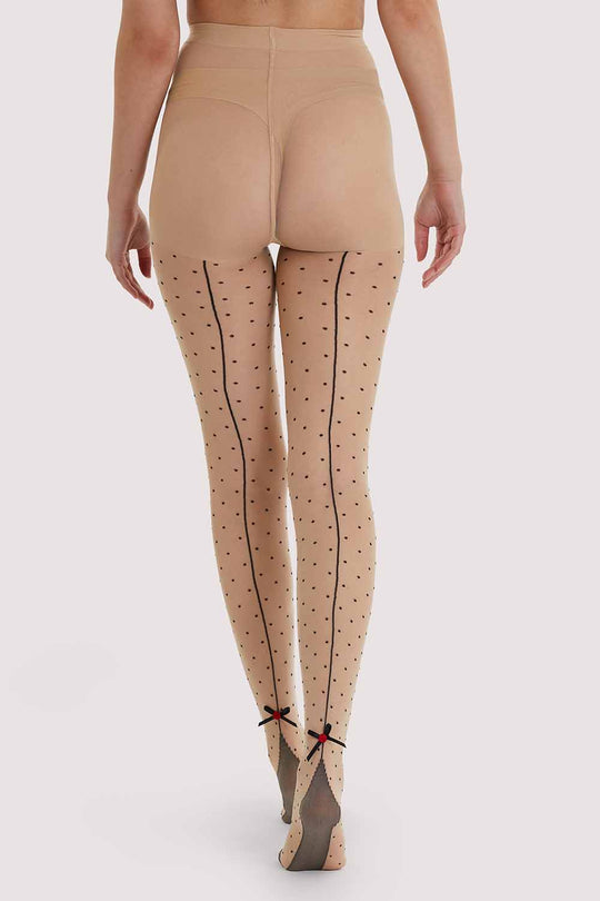 Dotty Seamed Tights With Bow Light Beige/Black