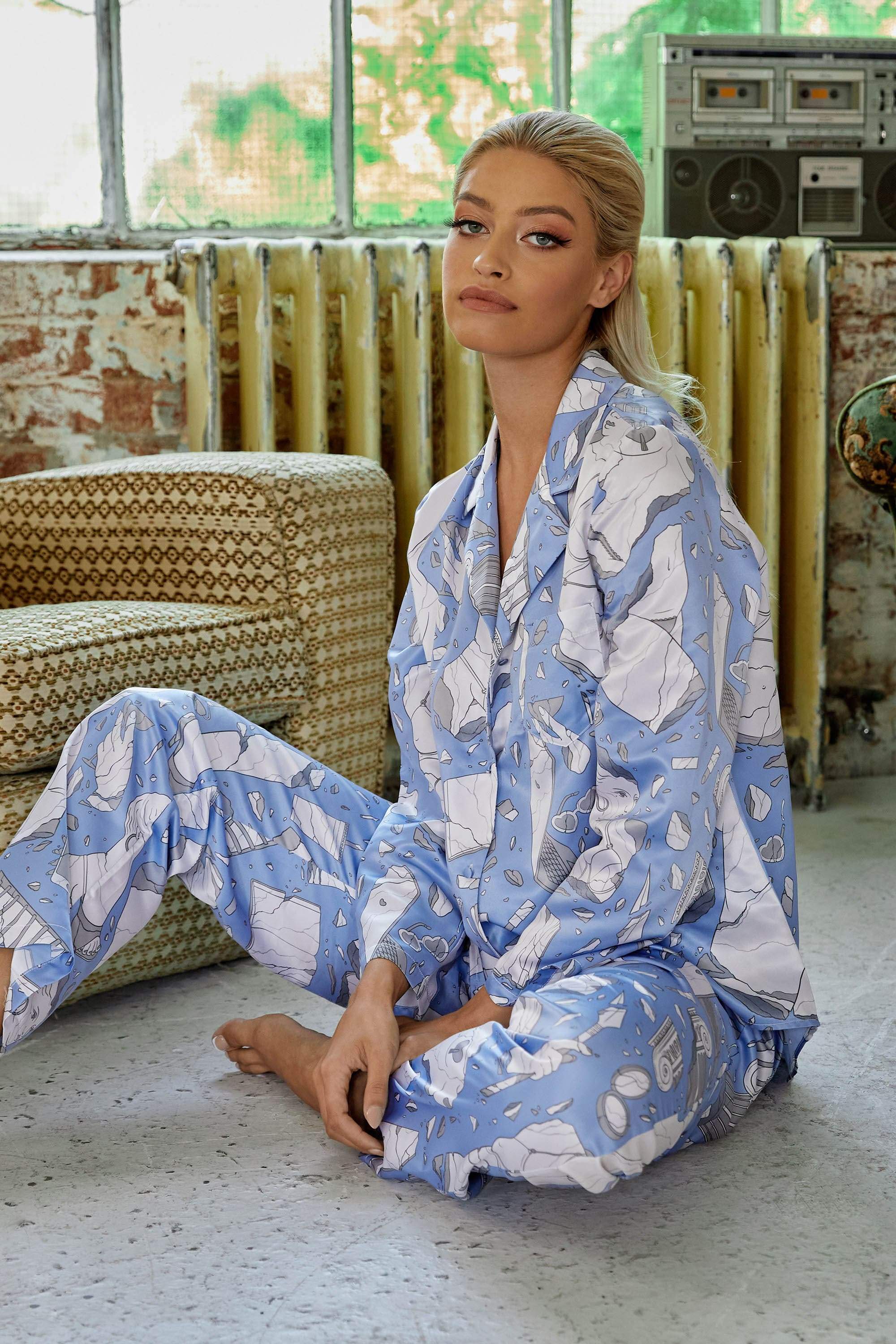 Logan Spector Recycled Blue Statues Satin Trousers