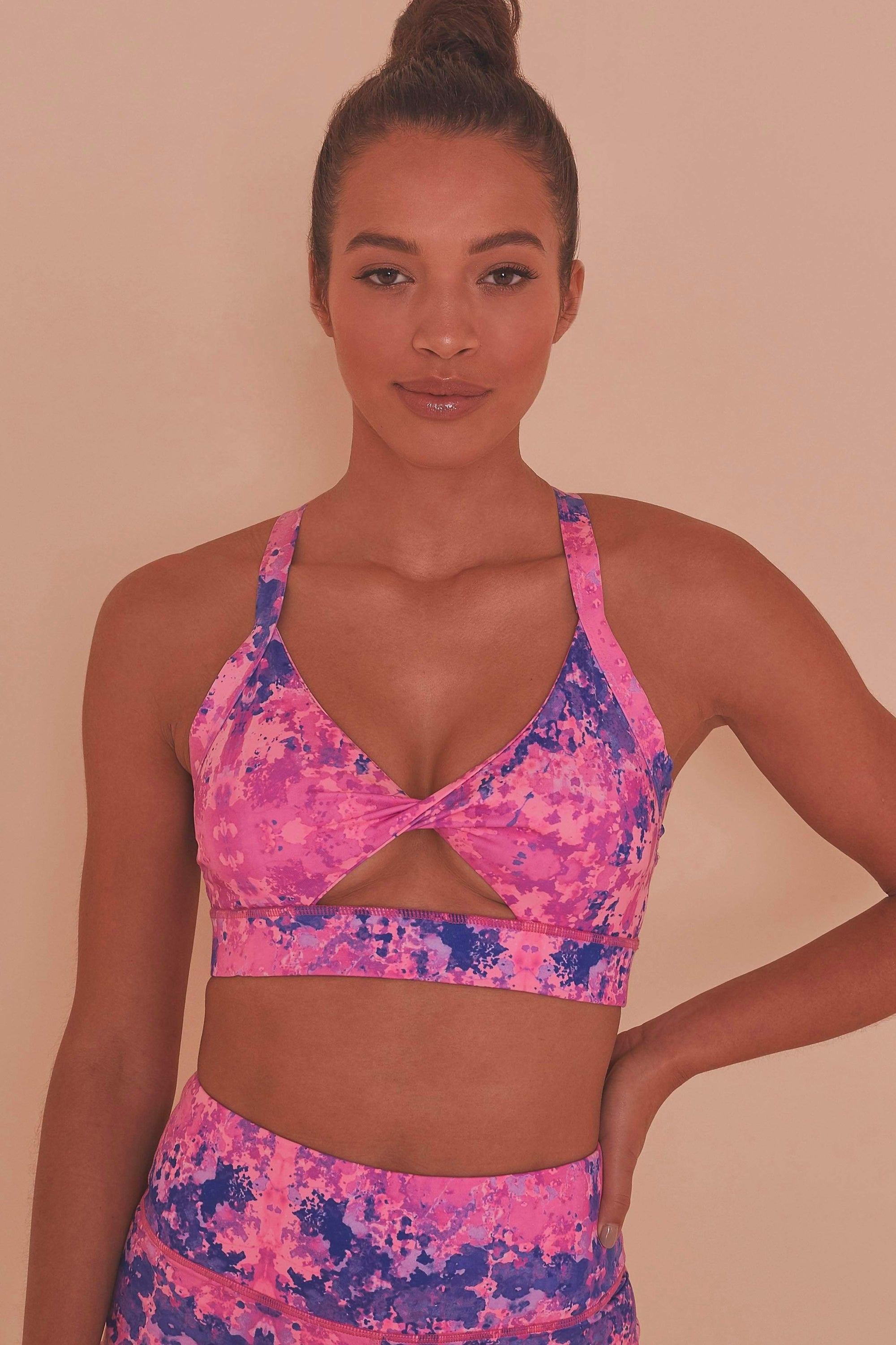 Pink Marble Twist Front Sports Bra – Playful Promises