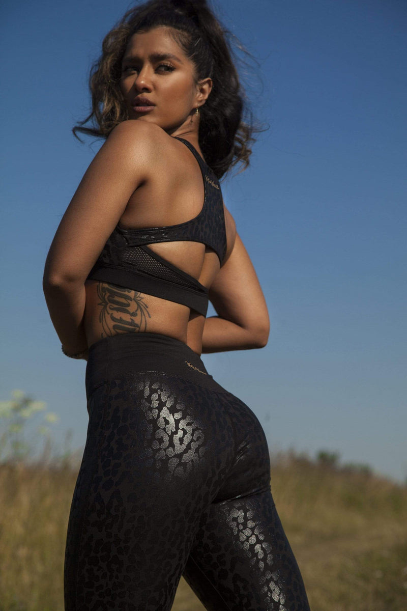 Wet look leopard print sports bra