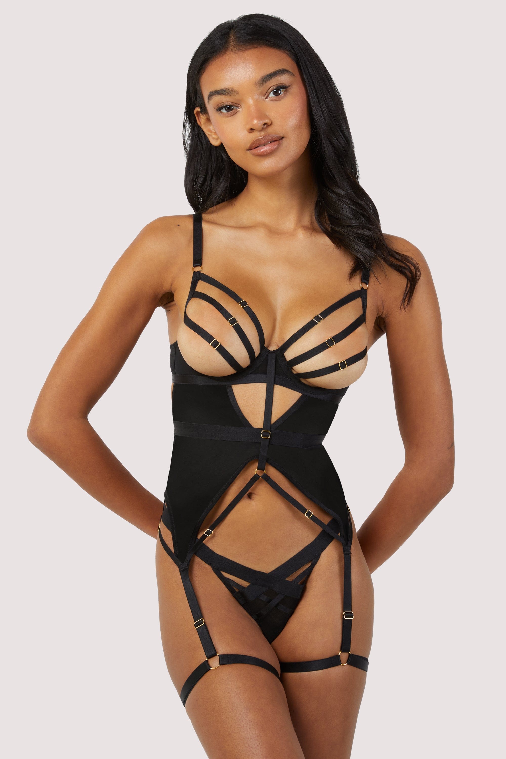 Chantal Black Wired Mesh Basque with Leg Harness