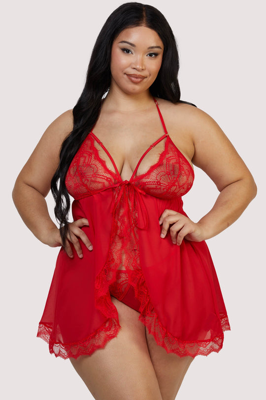 Adele Red Eyelash Lace Babydoll and Thong Set