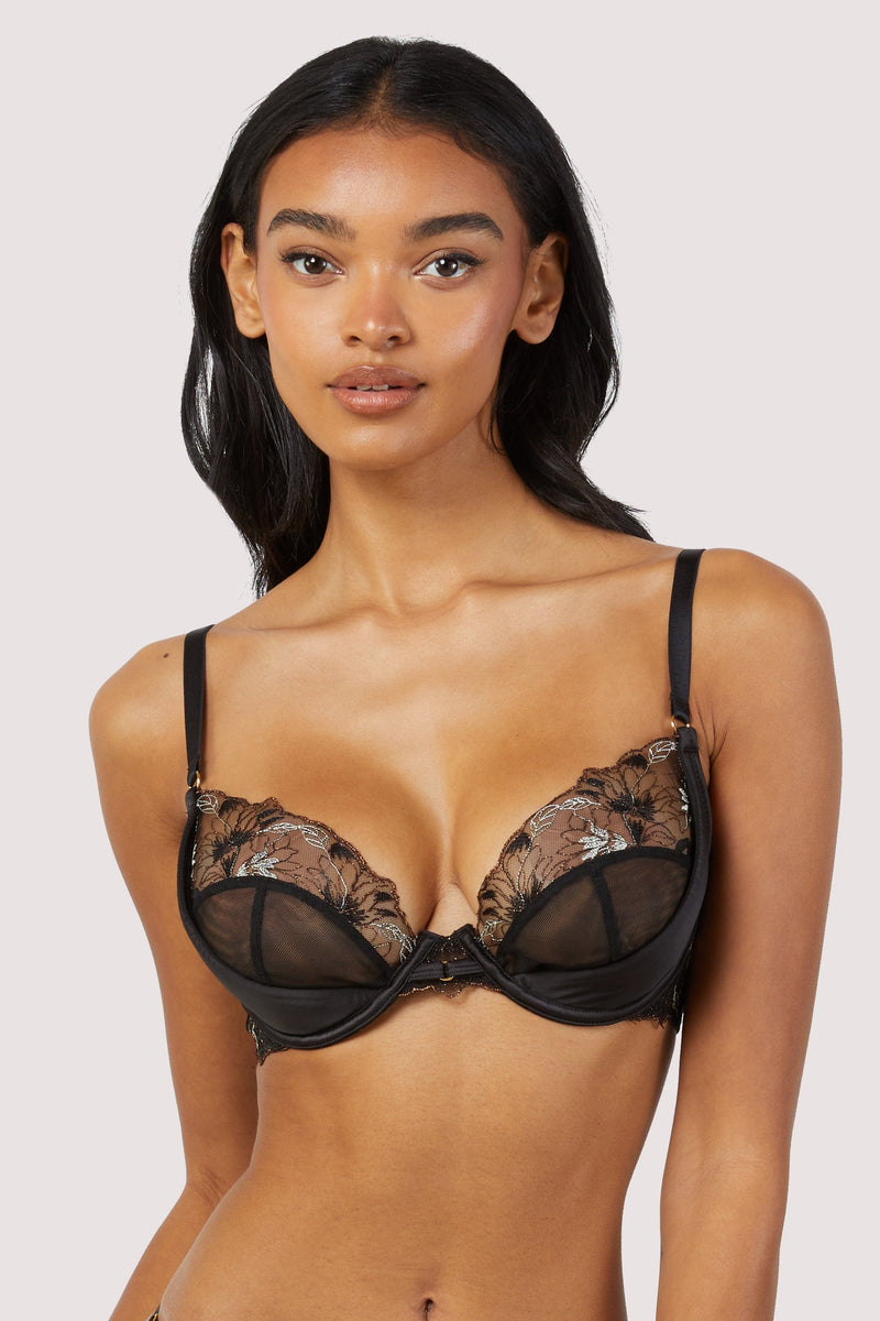 Aria Black and Gold Lace Plunge Bra – Playful Promises
