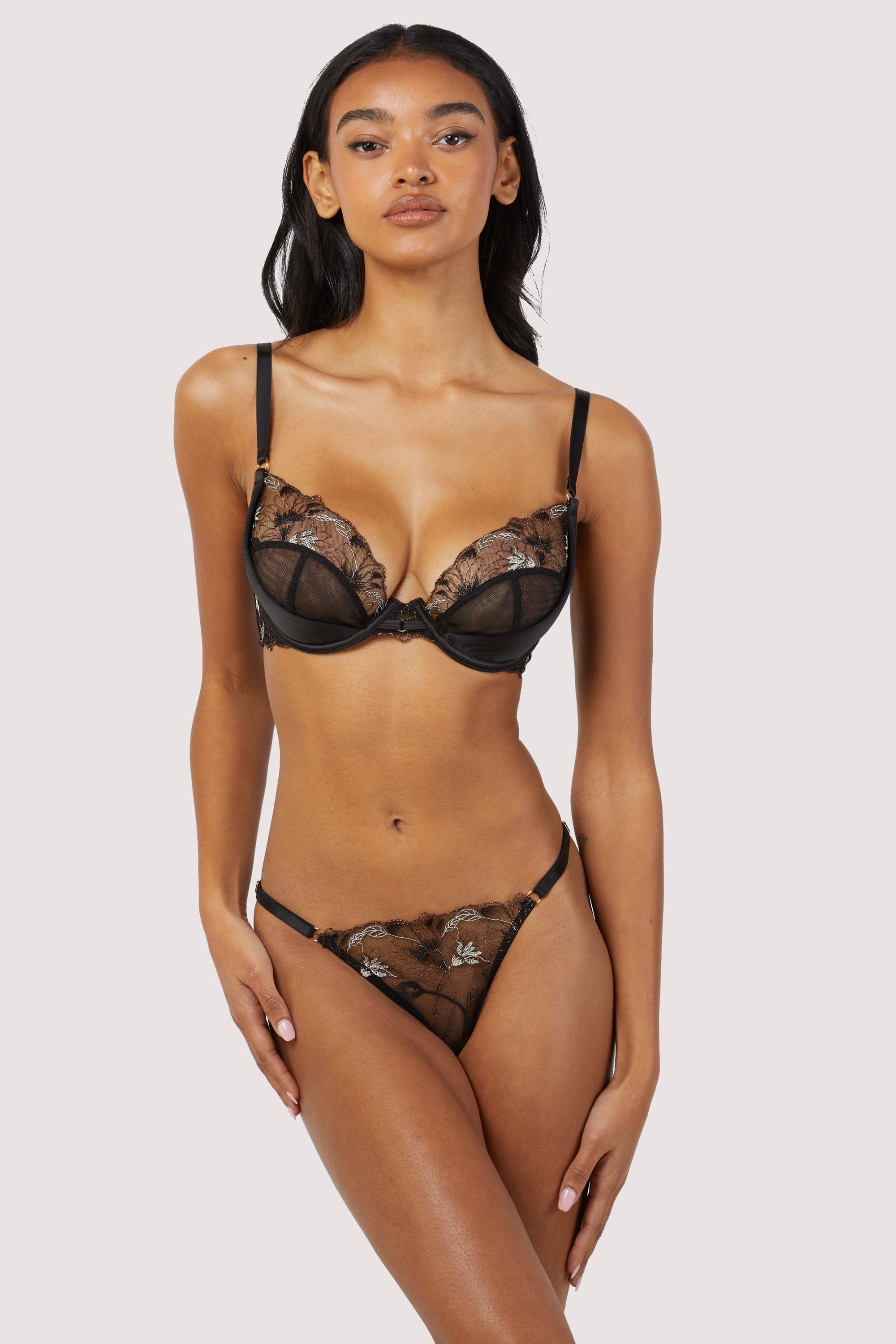 Aria Black and Gold Lace Plunge Bra