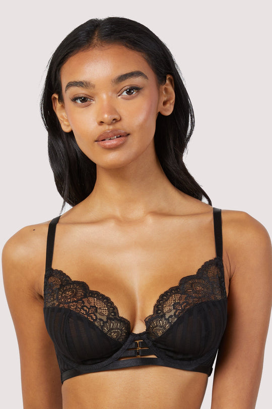 Saretta Black Stripe Mesh and Lace Plunge Bra