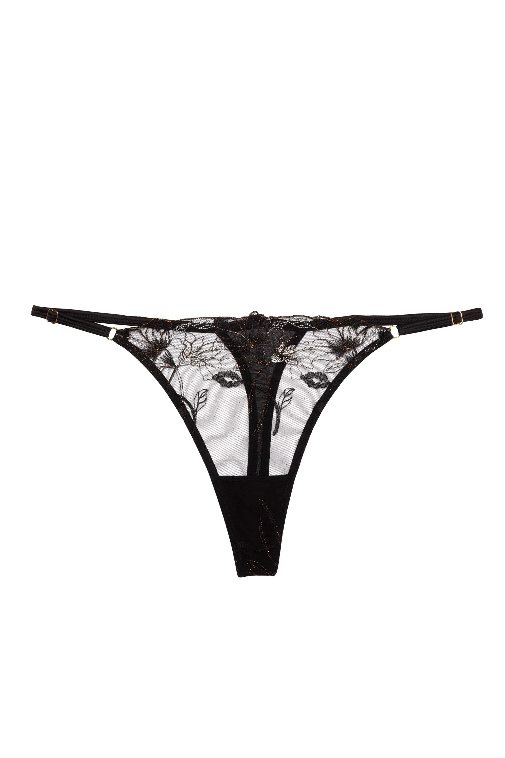 Aria Black and Gold Lace Strap Thong
