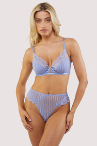 Saretta Cornflower Blue Stripe Mesh and Lace High Waist Thong