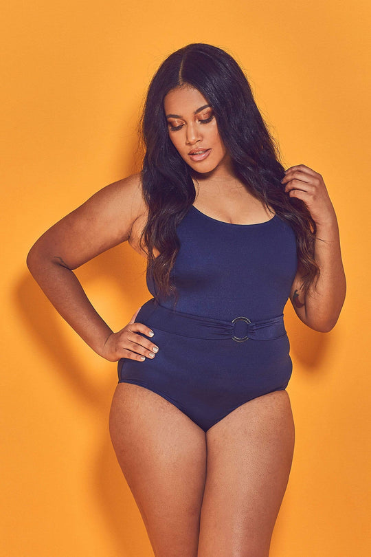 Wolf & Whistle Navy Belted Plunge Swimsuit Curve