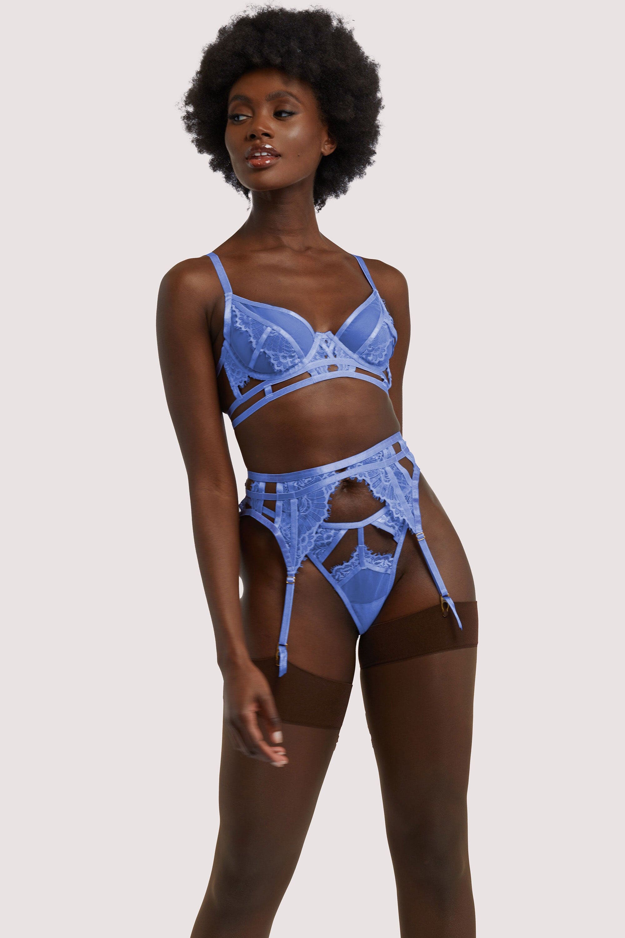 Claire Blue Caged Lace Suspender – Playful Promises