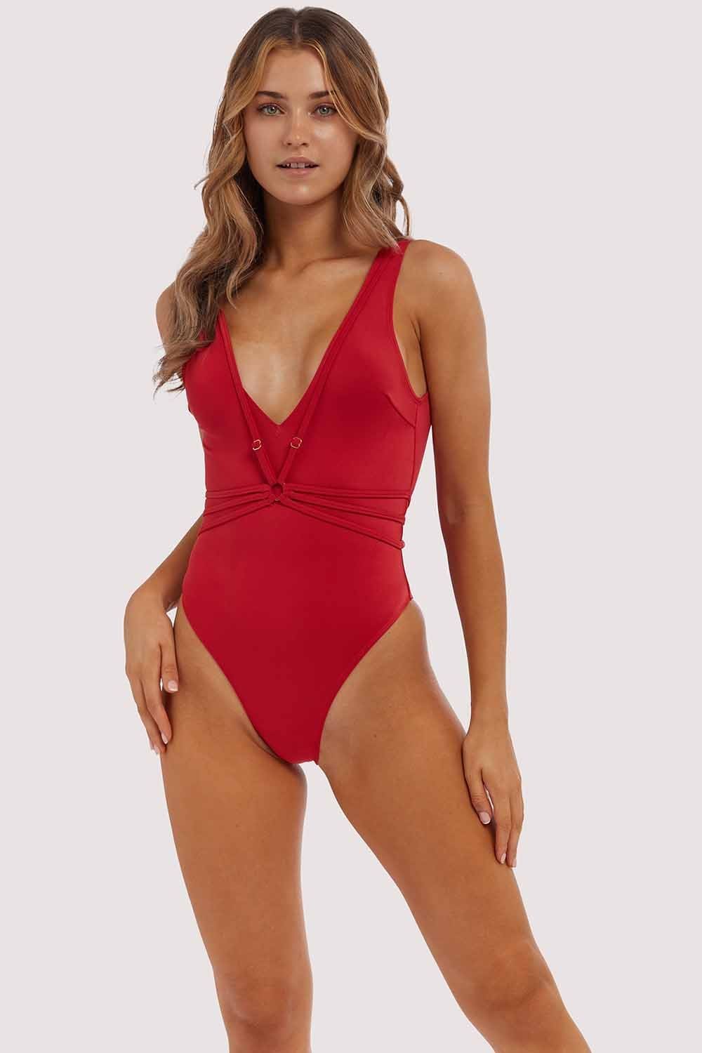 Red Low V Strappy Swimsuit
