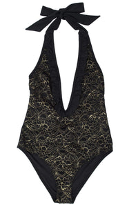 Wolf & Whistle curve gold lace swimsuit