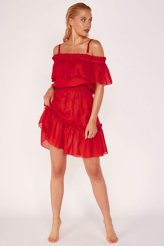 Red Bardot Frill Beach Dress