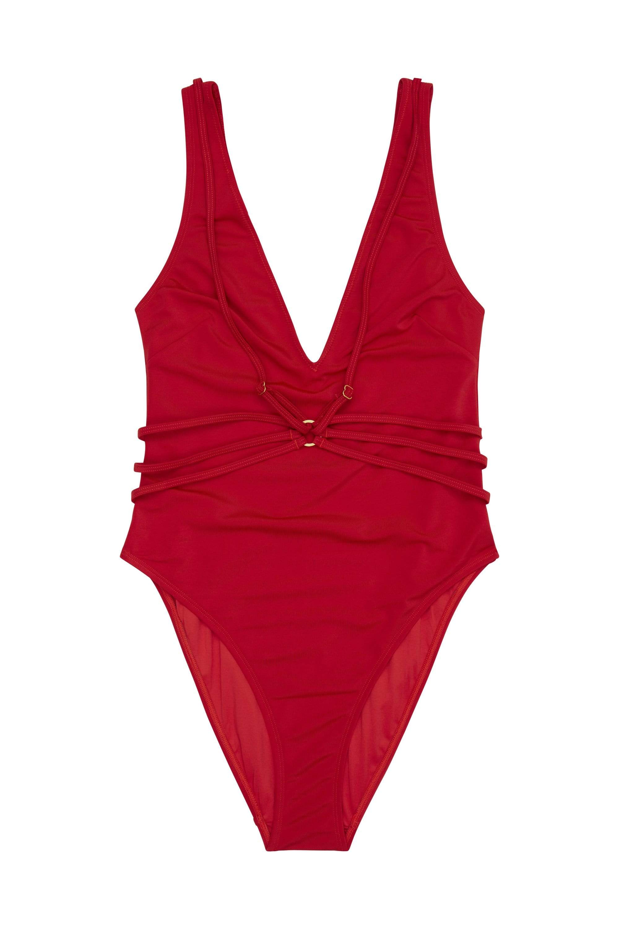 Red low front swimsuit